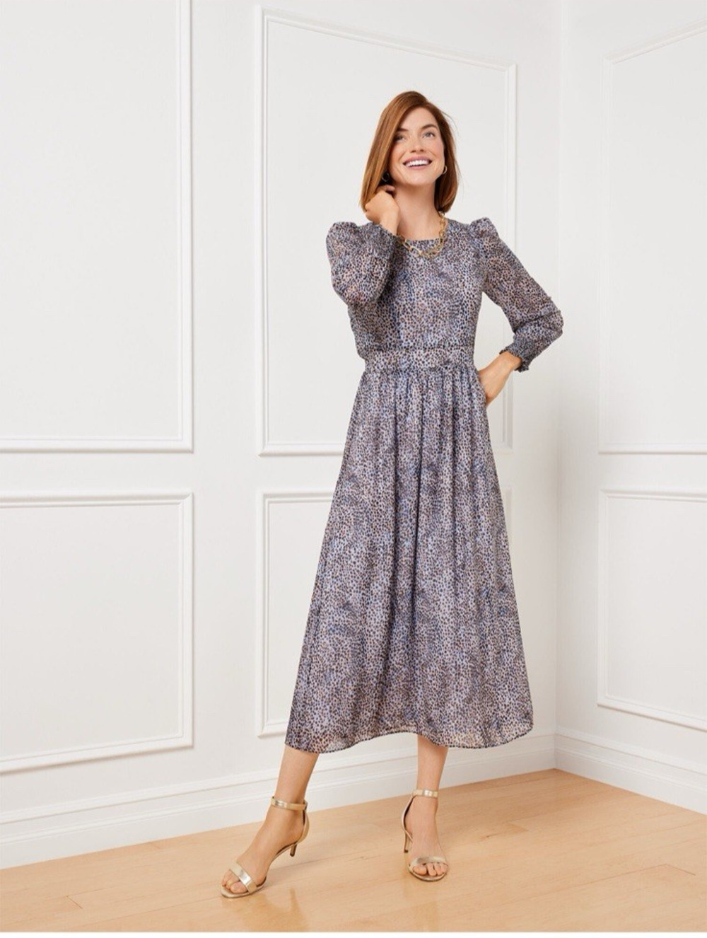 Talbots size 2P blue leopard metallic clip dot smocked fit & flare midi dress